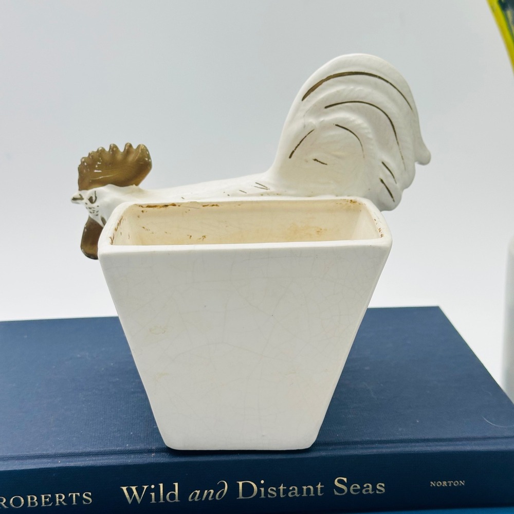 Wales Vintage Ceramic Rooster Planter White Gold Made in Japan - Picture 5 of 9